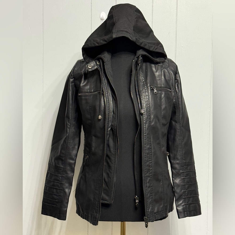 NWOT Removable Hoodie Black Faux Leather Jacket